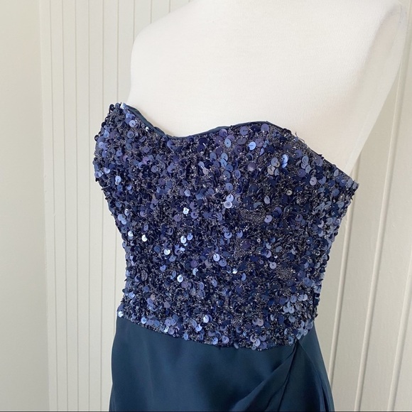 Badgley Mischka Navy Blue Strapless Sequins Ruffle Long Gown Dress Size 10 - Picture 12 of 14